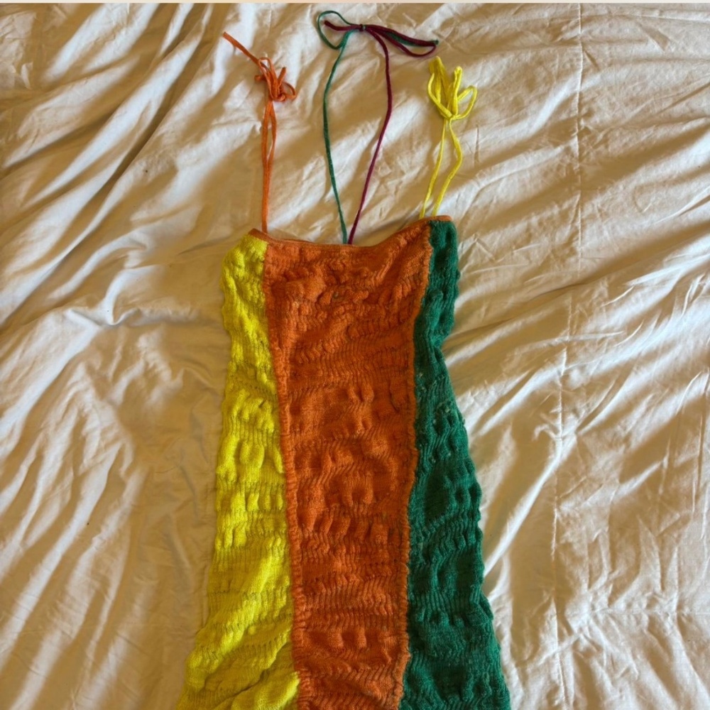 Zara orange, green, and yellow color block knit mini dress